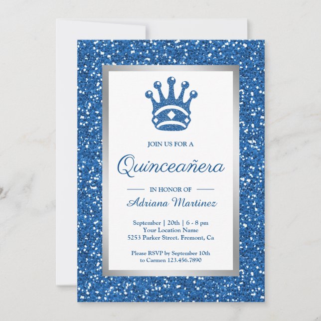 Faux Blue Glitter Tiara Princess Quinceanera Invitation (Front)