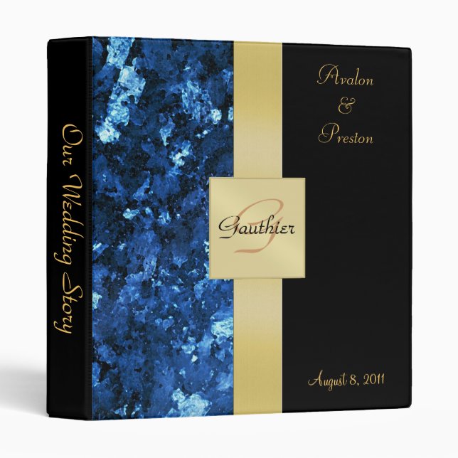 Faux Blue Paint Gold Monogram Ribbon Binder (Front/Spine)