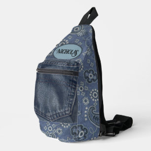 Faux Blue Suede and Western Blue Paisley Sling Bag