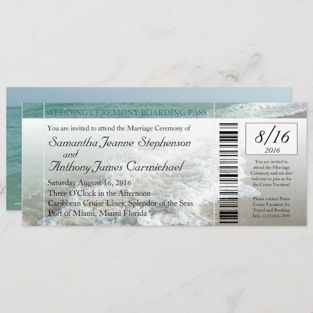 Faux Boarding Pass Plage Mariage Billet Invitation (Devant / Derrière)