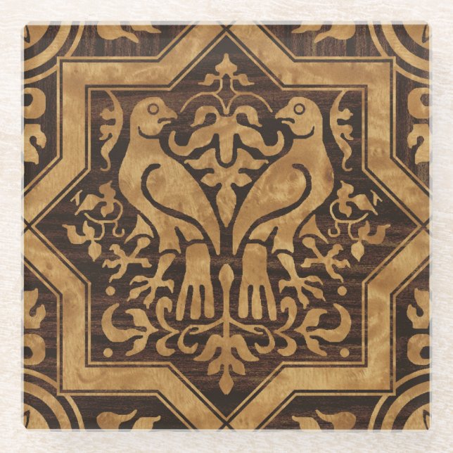 Faux Bois Medieval Birds Glass Coaster (Front)