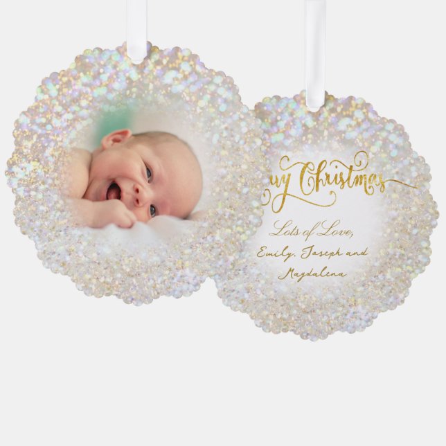 faux bokeh glitter effect baby photo ornament card (Front/Back)