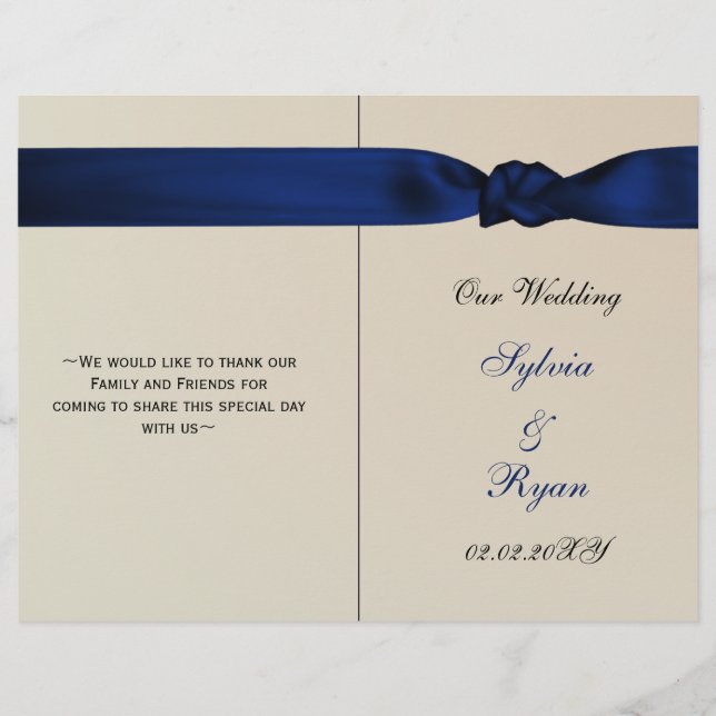 FAUX bow navy blue wedding programs (Front)