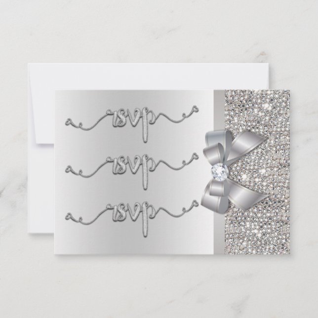 Faux Bow Sequins Argent RSVP Mariage (Devant)
