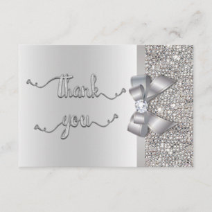 Faux Bow Silver Sequins Thank You Wedding Card