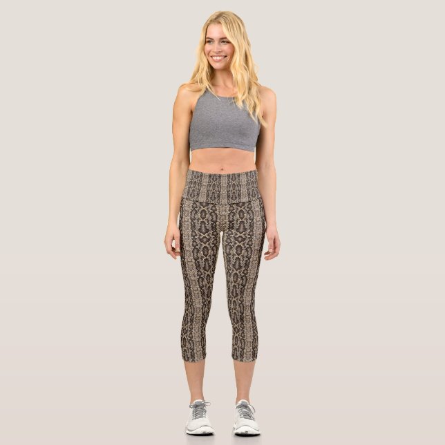 Faux Brown Beige Snakeskin Edgy  Capri Leggings (Front)
