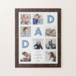 Faux Brown Leather Frame Dad Photo Collage Jigsaw Puzzle<br><div class="desc">Send a beautiful personalized puzzle to your dad that he'll cherish forever. Special personalized photo collage puzzle to display your own special family photos and memories. Our design features a simple 8 photo collage grid design with "dad" letters displayed in the grid design. Each photo is framed with a simple...</div>
