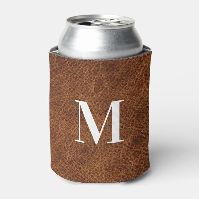 Faux Brown Leather Modern Monogram Can Cooler (Can Front)