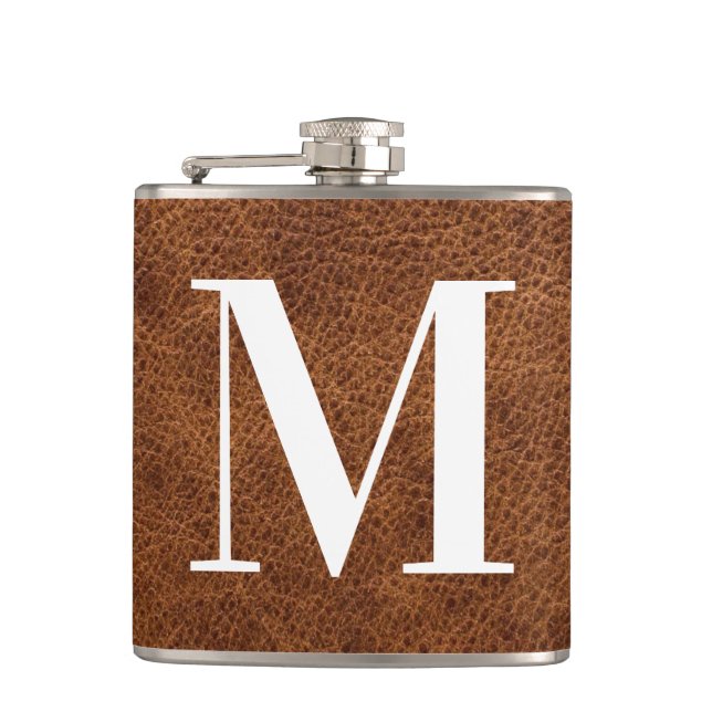 Faux Brown Leather Modern Monogram Hip Flask (Front)