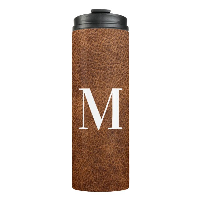 Faux Brown Leather Modern Monogram Thermal Tumbler (Front)