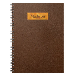 Faux Brown Leather Texture With Gold Foil Banner Notebook