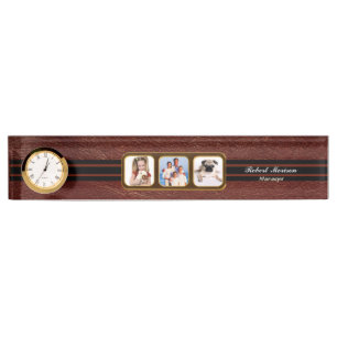 Faux Brown Leather Triple Photo Nameplate