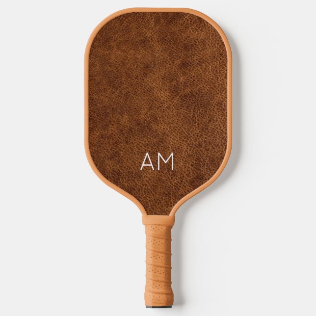 Faux Brown Leather Two Letter Monogram Pickleball Paddle (Front)
