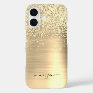Faux Brushed Gold Metal, Glitter, Script Name iPhone 16 Case