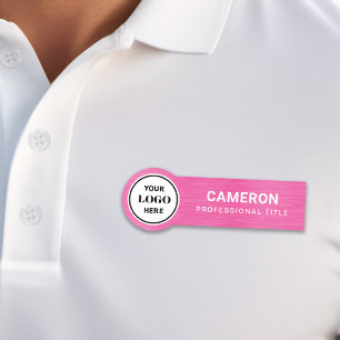 Faux Brushed Metal Pink Circle Company Logo Name Tag