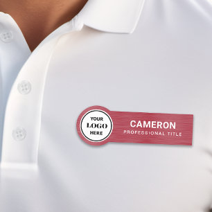 Faux Brushed Metal Red Circle Company Logo Name Tag