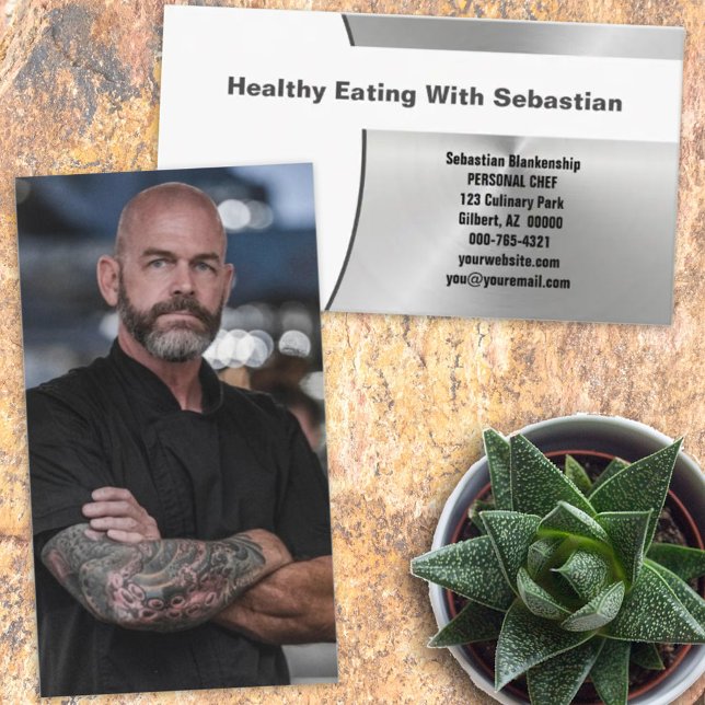 Faux Brushed Steel FRONT Custom Photo BACK Chef Business Card (Creator Uploaded)