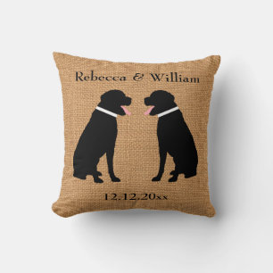 Faux Burlap 2 Black Labradors Personalized Wedding Throw Pillow
