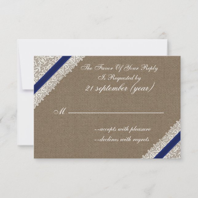 FAUX burlap and lace with navy blue rsvp 3.5 x 5 (Front)