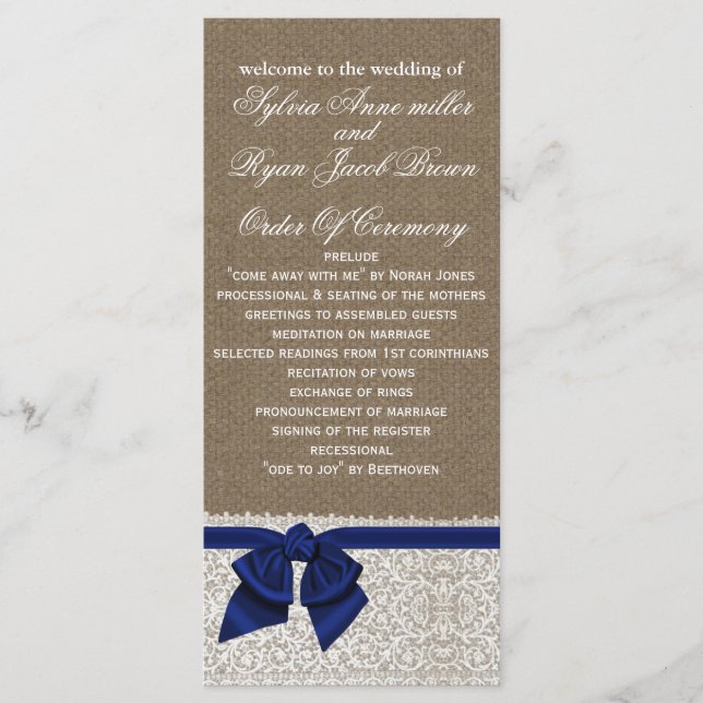 FAUX Burlap and navy blue lace Wedding program (Front)