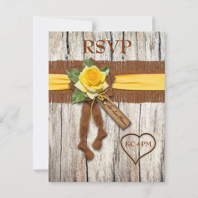 FAUX Burlap, Bois, Carte de réponse de mariage Ros (Devant)