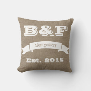 Faux Burlap Couple's Monogram and Hearts Pillow