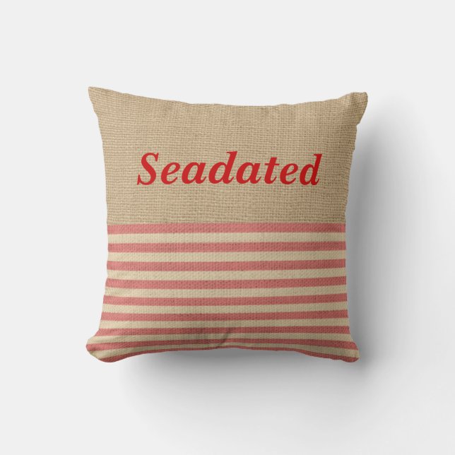 Faux Burlap Coussin nautique Bandes rouges Monogra (Recto)