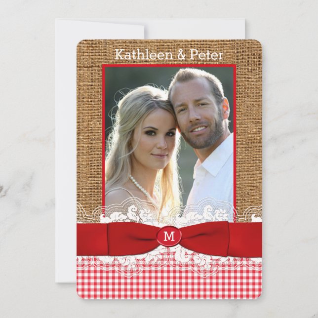 FAUX Burlap, Dentelle, Invitation à un mariage ave (Devant)