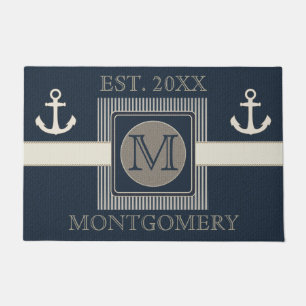 Faux Burlap Effect Nautical Ship's Anchor Monogram Doormat