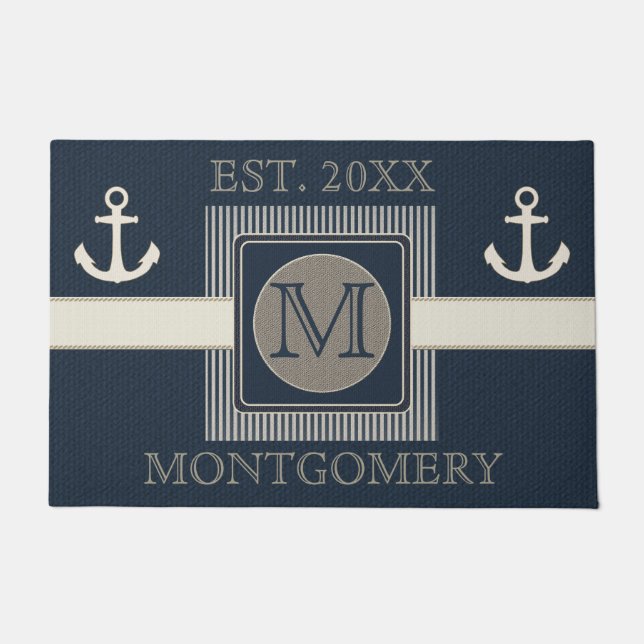 Faux Burlap Effect Nautical Ship's Anchor Monogram Doormat (Front)