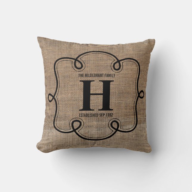 Faux Burlap Family Monogram Throw Pillow (Front)