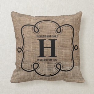 Faux Burlap Family Monogram Throw Pillow
