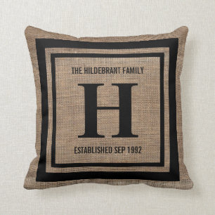 Faux Burlap Family Monogram Throw Pillow