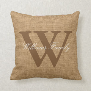 Faux Burlap Family Name Monogram Throw Pillow