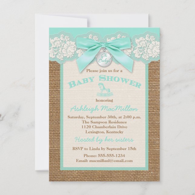 FAUX Burlap Ivory Lace, Aqua Baby Shower Invite (Front)