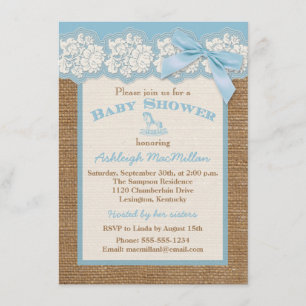 FAUX Burlap Ivory Lace, Blue Baby Shower Invite 2
