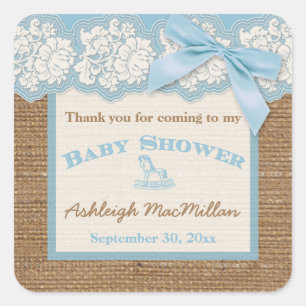 FAUX Burlap Ivory Lace, Blue Baby Shower Sticker