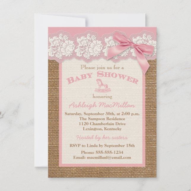 FAUX Burlap Ivory Lace, Pink Baby Shower Invite 2 (Front)