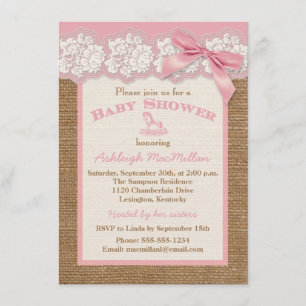 FAUX Burlap Ivory Lace, Pink Baby Shower Invite 2