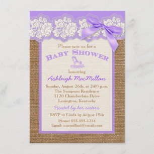 FAUX Burlap Ivory Lace, Purple Baby Shower Invite