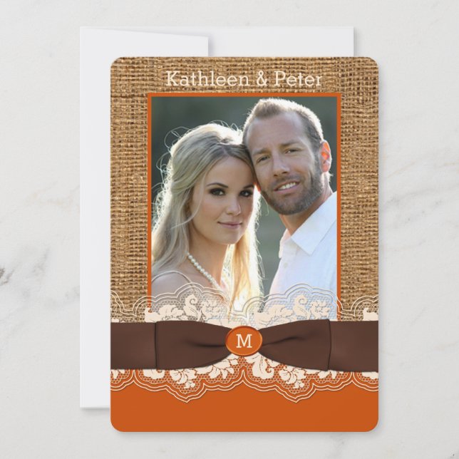 FAUX Burlap Lace Bow Invitation de mariage PHOTO,  (Devant)