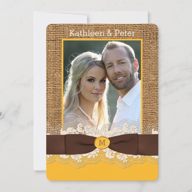 FAUX Burlap Lace Bow Invitation de mariage PHOTO,  (Devant)