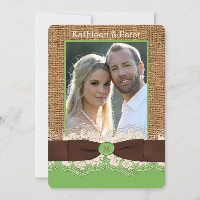 FAUX Burlap Lace Bow PHOTO Wedding Invite, Brown 4 Invitation (Front)