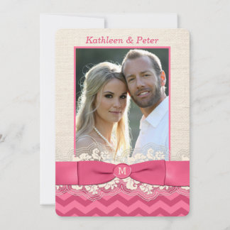 FAUX Burlap, Lace PHOTO Wedding Invite, Chevron 3 Invitation