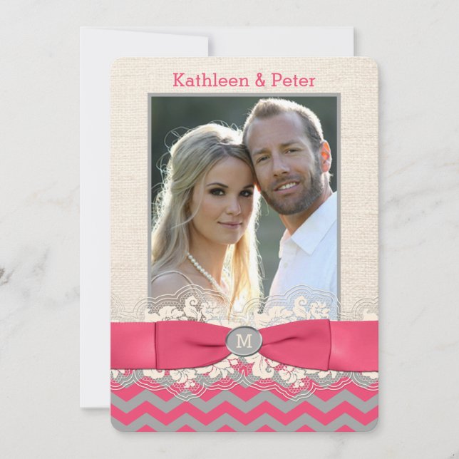 FAUX Burlap, Lace PHOTO Wedding Invite, Chevron 4 Invitation (Front)