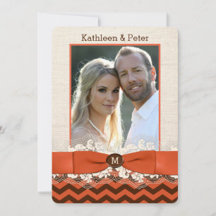 FAUX Burlap, Lace PHOTO Wedding Invite, Chevron 5 Invitation