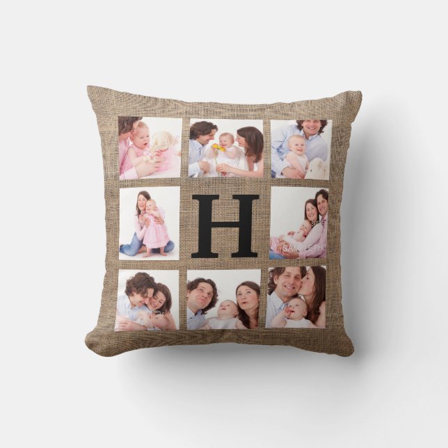 Faux Burlap Monogram with 8 Family Photos Throw Pillow (Front)