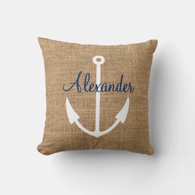 Faux Burlap Nautical Anchor with Custom Name Throw Pillow (Front)