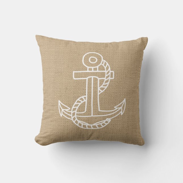 Faux Burlap Nautical Throw Pillow with Anchor (Front)
