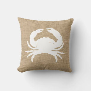 Faux Burlap Nautical Throw Pillow with Crab